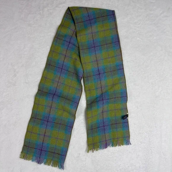 Helen Welsh Womens Plaid Scarf Wool Green Blue Purple Vintage Style - Picture 8 of 11